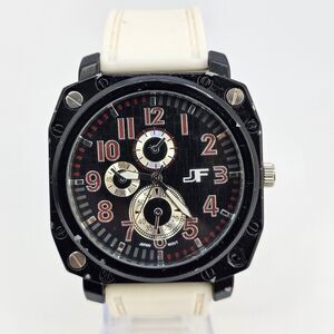 JF Men's Watch 50MM Black‎ Large Case Black Dial White Plastic Bands New Battery